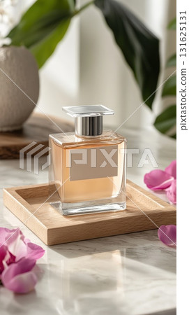 Elegant Perfume Bottle on Cork Tray with Pink Rose Petals and Green Foliage on Marble Surface Elegant Perfume Bottle on Cork Tray with Pink Rose Petals and Green Foliage on Marble Surface 131625131