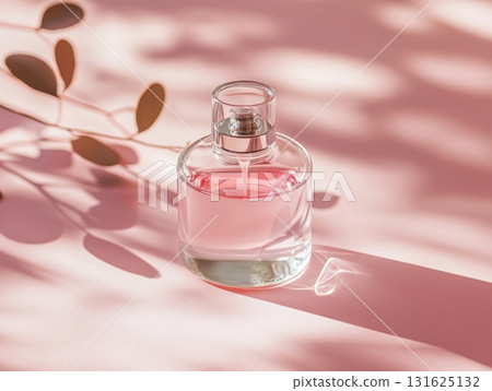 Elegant Perfume Bottle On Pink Surface Under Sunlight with Shadow of Leaves 131625132