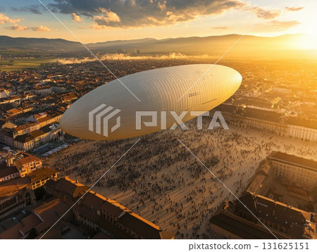 Floating Pixelated Architectural Structure Over Crowded City Square During Sunset 131625151
