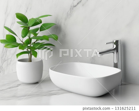 Modern Bathroom Interior Featuring White Sink Chrome Faucet and Potted Green Plant on Marble Background Modern Bathroom Interior Featuring White Sink Chrome Faucet and Potted Green Plant on Marble Background 131625211