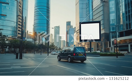 Modern City Street Scene With Tall Buildings Billboard and Vehicle Driving on Road at Daytime Modern City Street Scene With Tall Buildings Billboard and Vehicle Driving on Road at Daytime 131625212