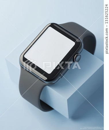 Modern Smartwatch With Grey Strap Presented On White Block Against Light Blue Studio Background Modern Smartwatch With Grey Strap Presented On White Block Against Light Blue Studio Background 131625224