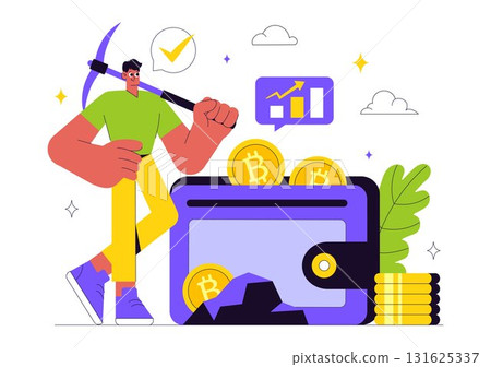 Bitcoin Mining Illustration Featuring a Cryptomining Farm with People Trading and Investing in Digital Web Money, Blockchain, and Fintech Industry 131625337