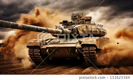 Camouflaged tank speeding in desert with crew member in helmet peering from turret hatch Camouflaged tank speeding in desert with crew member in helmet peering from turret hatch 131625384