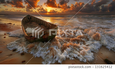 Fishing Boat with Net Beached on Tranquil Shore at Dramatic Sunrise Seascape Scenic Beauty Photo 131625412