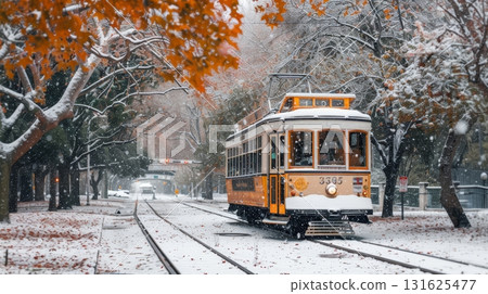 19th century tram navigating snow covered rails in a picturesque european cityscape 131625477