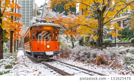 19th century tram traversing snow covered tracks in enchanting european cityscape 131625478
