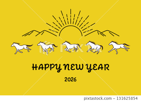 2026 Year of the Horse New Year's card featuring line drawings of a running horse in succession, mountains, and the first sunrise of the year 131625854