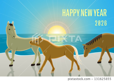 2026 年年新年賀卡(橫向),圖案為三匹馬在沙灘上行走,並帶有日出和背光的圖案 2026 年年新年賀卡(橫向),圖案為三匹馬在沙灘上行走,並帶有日出和背光的圖案 131625855