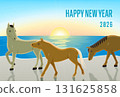2026 年年新年賀卡（橫向），圖案為三匹馬在沙灘上行走，並帶有日出和背光的圖案 131625858