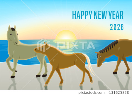 2026 Year of the Horse New Year's card (horizontal) featuring three horses walking on a sandy beach with a design of the first sunrise and backlighting 131625858
