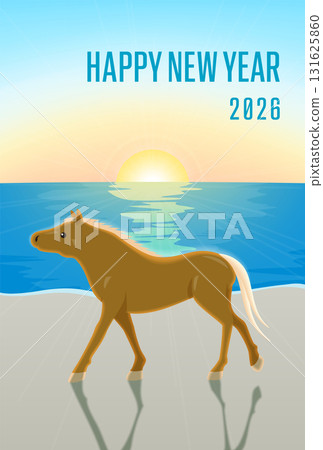 2026 Year of the Horse New Year's card, vertical, featuring a horse walking on a sandy beach, with a design featuring the first sunrise and backlighting 2026 Year of the Horse New Year's card, vertical, featuring a horse walking on a sandy beach, with a design featuring the first sunrise and backlighting 131625860
