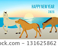 2026 年馬年新年賀卡，以三匹馬在沙灘上行走為主題，橫向平面設計 131625862