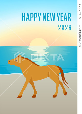 2026 Year of the Horse New Year's card featuring a horse walking on a sandy beach, vertical flat design 131625863