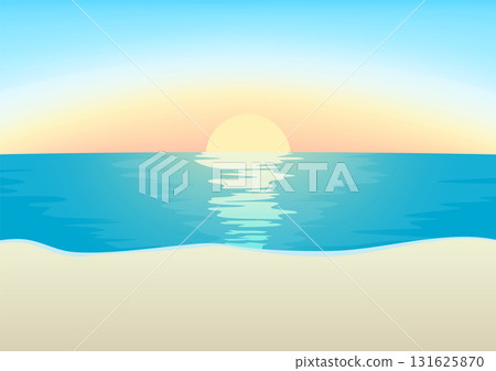 沙灘風景、藍色大海上的日出以及海面上倒映的太陽的向量插圖。 A4 風景 131625870