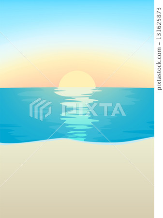 沙灘風景、藍色大海上的日出以及海面上倒映的太陽的向量插圖。 A4 肖像 131625873