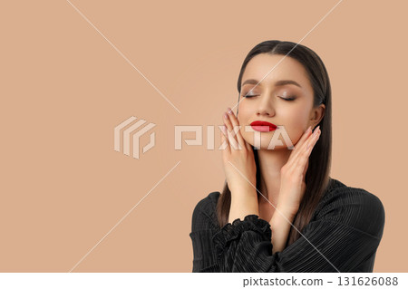 Woman showcasing a confident pose with subtle makeup Woman showcasing a confident pose with subtle makeup 131626088