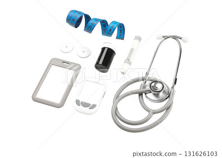 Various medical tools laid out on a white background, isolated, PNG Various medical tools laid out on a white background, isolated, PNG 131626103