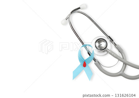 Stethoscope placed beside turquoise ribbon with drop, isolated, PNG Stethoscope placed beside turquoise ribbon with drop, isolated, PNG 131626104