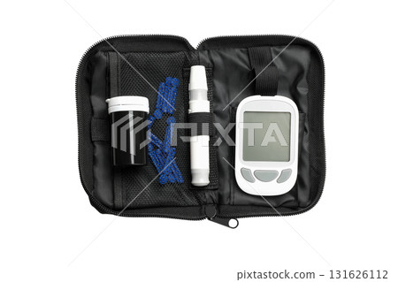 Diabetes kit: meter, strips, lancet in zip case, isolated, PNG Diabetes kit: meter, strips, lancet in zip case, isolated, PNG 131626112