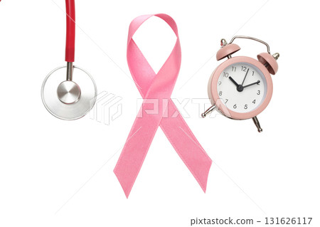 Pink ribbon, stethoscope, and clock on white, isolated, PNG 131626117