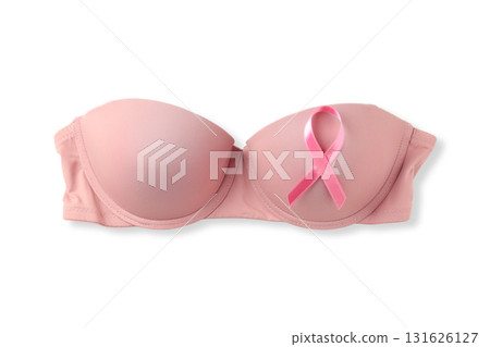 Pink bra with a breast cancer awareness ribbon, isolated, PNG 131626127