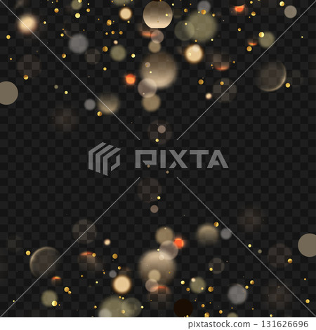 Magical golden glitter explosion with sparkling bokeh lights. Vector 131626696