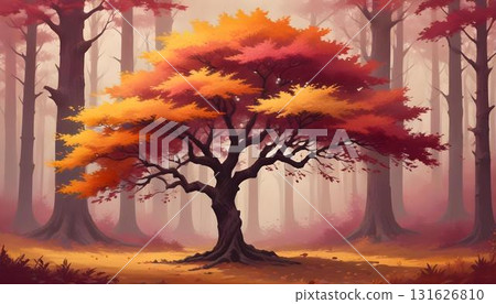 Watercolor illustration of a textured autumn tree with red leaves, set in a warm, inviting forest background 131626810
