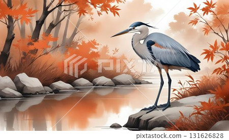 A textured watercolor painting of a heron on a rock by a river, set against a warm autumn backdrop of leaves 131626828