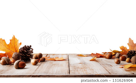 Autumn leaves and acorns arranged on wooden surface, created AI, PNG 131626904