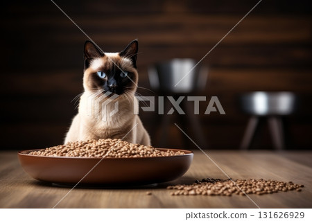 Adorable siamese cat enjoying delicious cat food from bowl provided by loving owner 131626929