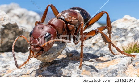 Close-up of a forest ant in natural habitat, exploring rich wilderness environment 131626948