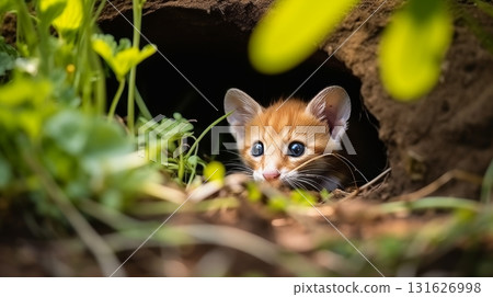 Adorable ginger kitten curiously gazing at the surrounding world with innocent and wide eyes 131626998