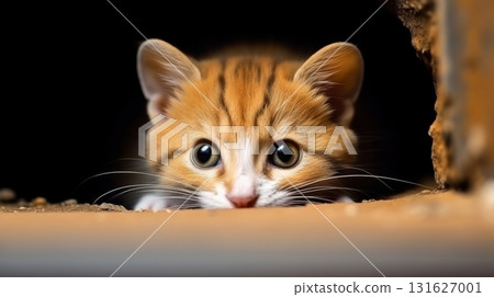 Curious ginger kitten with innocent eyes exploring the world in wonder and amazement 131627001