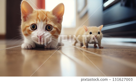 A ginger kitten closely follows a mouse on the floor of the room 131627003