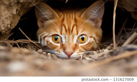 Ginger kitten, innocent with wide eyes, curiously watching the world around in adorable wonder 131627009