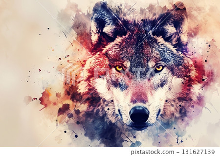 Realistic watercolor wolf head in abstract style on blurred background, creative animal artwork 131627139