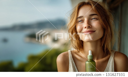 woman holding a light sage green product bottle woman holding a light sage green product bottle 131627331