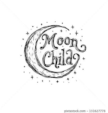 Hand-Drawn Moon Child Illustration with Stars and a Crescent, Whimsical and Dreamy Hand-Drawn Moon Child Illustration with Stars and a Crescent, Whimsical and Dreamy 131627778