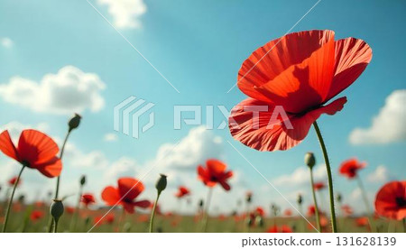A serene poppy field against a clear blue sky, representing patriotism and reflection for those who served 131628139