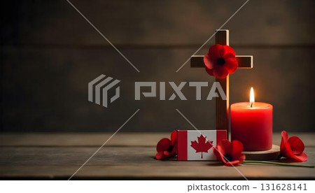 Red poppy flowers and a wooden cross on a table, evoking reflection and gratitude for veterans on Remembrance Day 131628141