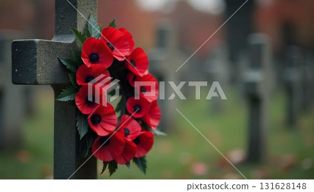A cemetery cross surrounded by red poppies, commemorating soldiers and their service during Veterans Day and Remembrance Day 131628148