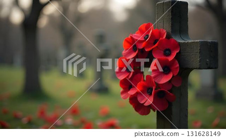 A cross with vibrant red poppies in a cemetery, honoring veterans and evoking a moment of reflection and gratitude 131628149