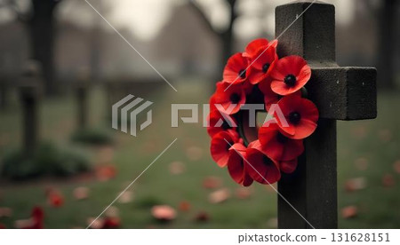 A cemetery cross decorated with red poppies, representing patriotism and reflection for those who served on Remembrance Day 131628151