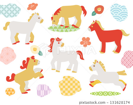 An illustration combining horses, flowers, and Japanese patterns that can be used for New Year's cards for the Year of the Horse 131628174
