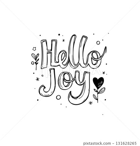 Hand-drawn positive greeting phrase of hello joy with floral decorations art 131628265