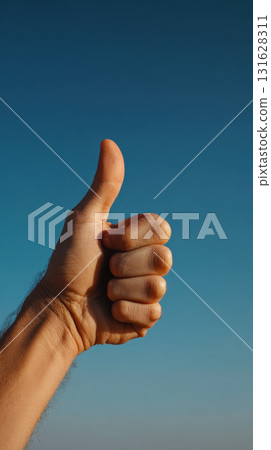 Thumbs up hand gesture close up against clear blue sky, positive and encouraging mood 131628311