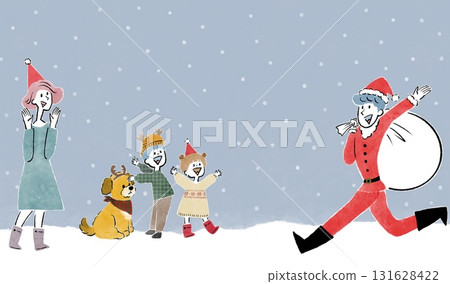 Christmas image illustration of a man wearing a Santa Claus costume running to his family 131628422