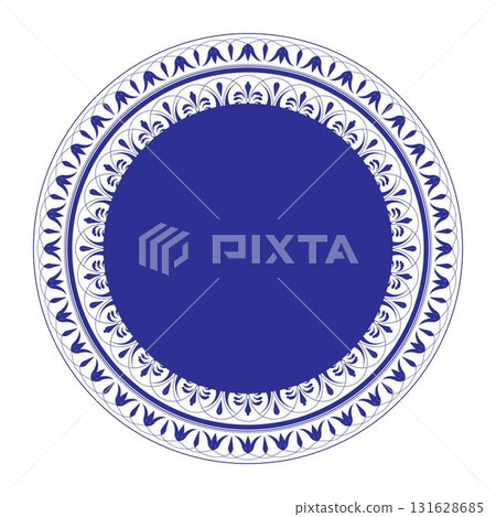 Round decorative frame with arabesques in blue and white colors. Decorative plate with floral ornament. Round decorative frame with ethnic ornament for laser cutting, embroidery, engraving, stenciling 131628685