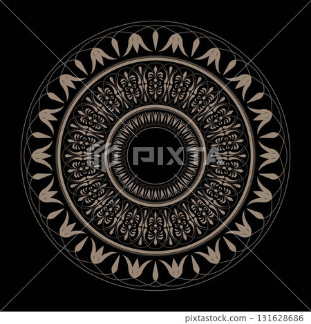 Decorative gold round frame for design with floral ornament. Egyptian, Assyrian, Arabic, Indian, Greek, ottoman motif circular frame. Ethnic decorative element. For textiles, engraving, forging Decorative gold round frame for design with floral ornament. Egyptian, Assyrian, Arabic, Indian, Greek, ottoman motif circular frame. Ethnic decorative element. For textiles, engraving, forging 131628686